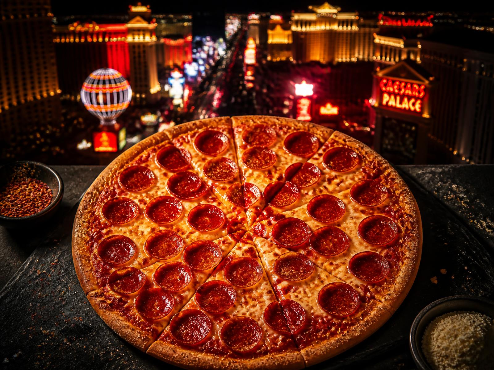 Freshly baked pepperoni pizza with the Las Vegas skyline glowing behind it
